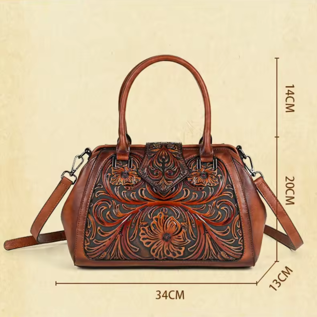 Florina - Leather Handbag with Engraving and Floral Pattern