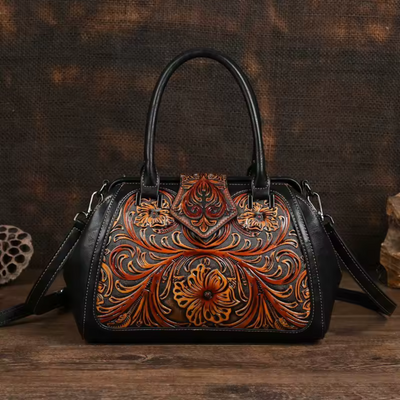 Florina - Leather Handbag with Engraving and Floral Pattern