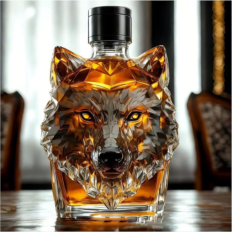 Geometric Wolf Head Sculpted Whiskey Bottle