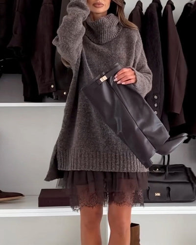 Two-Piece Casual Lace Turtleneck Set